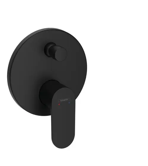 Schwarzer Einhebelmischer von Hansgrohe mit runder Wandplatte und zwei Bedienelementen für Temperatur und Wasserfluss. Ideal für eine Unterputzinstallation.